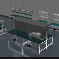 Industrial Laboratory Workbenches With Metal Frame Green Top And Equipment Shelves Stools