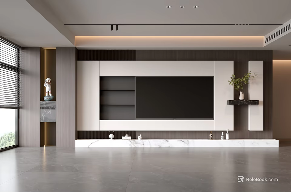 Elegant Modern Living Room Interior With Gray Marble TV Wall Green Plant And Wall Art 3d model 