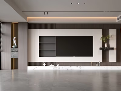 Elegant Modern Living Room Interior With Gray Marble TV Wall Green Plant And Wall Art 3d model