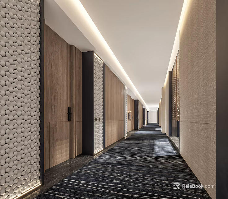 Modern Hotel Corridor Featuring Wooden Panels Decorative Walls Recessed Lighting And Dark Carpet 3d model 