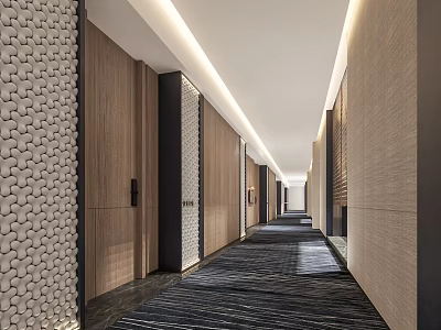 Modern Hotel Corridor Featuring Wooden Panels Decorative Walls Recessed Lighting And Dark Carpet 3d model