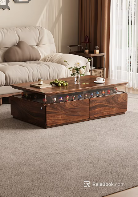 Walnut Wood Coffee Table With Glass Top Storage Drawers Green Apples Vase Coffee Cup 3d model 