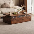Walnut Wood Coffee Table With Glass Top Storage Drawers Green Apples Vase Coffee Cup