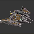 Sci-Fi Spaceship Model With Multiple Wings Brown Blue Metallic Colors Yellow Lights And Weapon Components