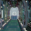 Futuristic SciFi Corridor Interior With Blue Neon Lighting And Metallic Structures