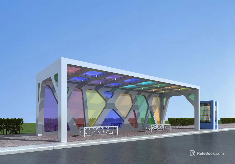 Modern Colorful Bus Station With Stained Glass Panels White Frame And Bench Seats 3d model 