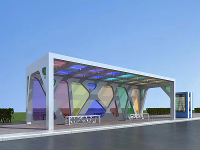Modern Colorful Bus Station With Stained Glass Panels White Frame And Bench Seats 3d model