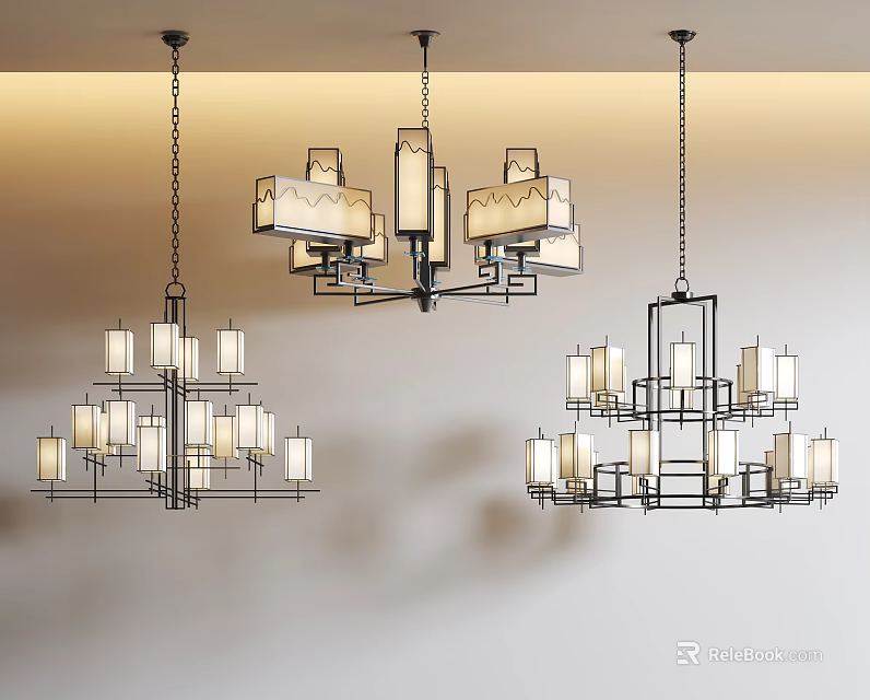 Modern Pendant Lighting Combinations With Multi Arm Frames And Fabric Shades 3d model
