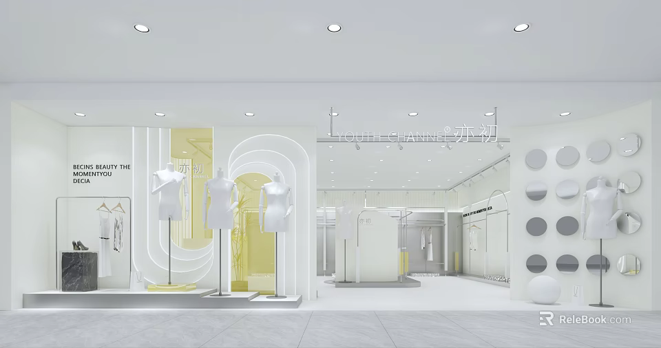 Elegant Modern Clothing Store Interior With Mannequins And White Display Elements 3d model