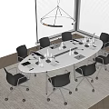 Modern Round White Conference Table with Black Chairs Laptops Microphones Water Glasses Documents and Tablet