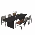 Stylish Dining Table and Chairs Set Black Oval Table Grey Brown Chairs Vase Fruits Bowl