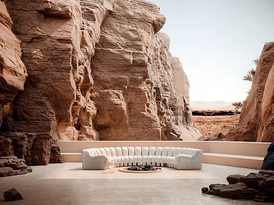 White Irregular Shaped Sofa In Open Air Space With Rocky Cliffs And Coffee Table 3d model