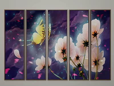 Five Panel Wall Art With Yellow Butterfly Pink Flowers Purple Background And Falling Petals 3d model