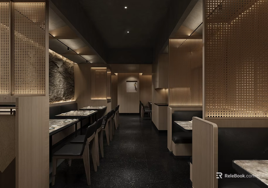 Traditional Japanese Restaurant Interior With Wooden Partitions Warm Lighting And Dining Tables 3d model 