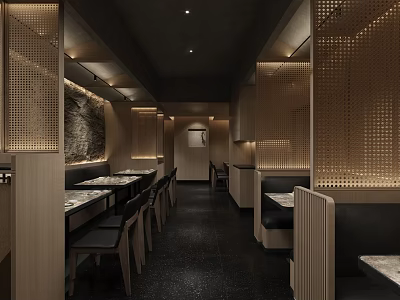 Traditional Japanese Restaurant Interior With Wooden Partitions Warm Lighting And Dining Tables 3d model