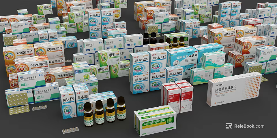 Various Medical Devices With Different Packaging Boxes Labels And Bottle Containers 3d model 