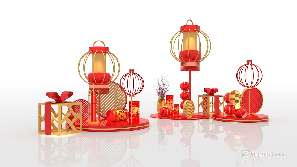 Traditional Chinese Art Installation with Red Lanterns Golden Frames Gift Boxes and Decorations 3d model 