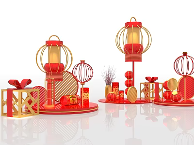 Traditional Chinese Art Installation with Red Lanterns Golden Frames Gift Boxes and Decorations 3d model