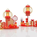 Traditional Chinese Art Installation with Red Lanterns Golden Frames Gift Boxes and Decorations