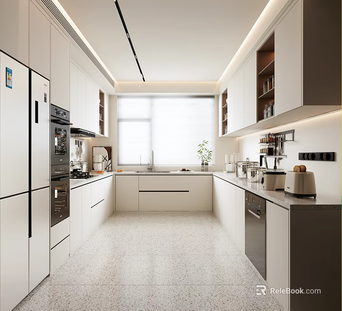 Modern Kitchen Interior Design With White Cabinets Marble Island And Appliances 3d model 