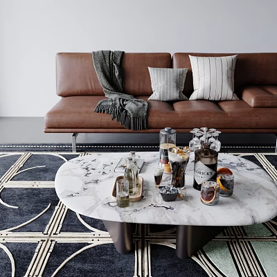 Modern Living Room Interior With Brown Leather Sofa Marble Coffee Table And Geometric Rug 3d model