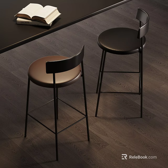 Modern Bar Stools With Brown And Black Leather Seats On Dark Wooden Floor 3d model 