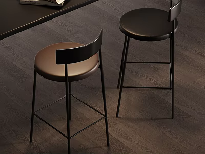 Modern Bar Stools With Brown And Black Leather Seats On Dark Wooden Floor 3d model
