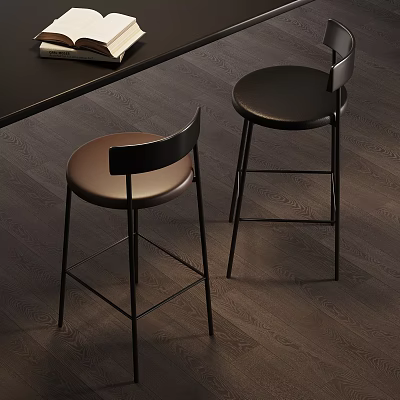 Modern Bar Stools With Brown And Black Leather Seats On Dark Wooden Floor 3d model