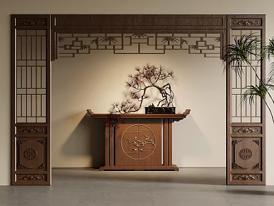 Traditional Chinese Interior Featuring Carved Wooden Screen Console Table And Potted Plant 3d model