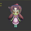 Cute 3D Cartoon Character With Pink Twin Tails Red Eyes White Dress Purple Green Trim