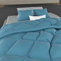 Double Bed with Blue Quilt Striped Bed Sheet Light Gray Mattress and Pillows
