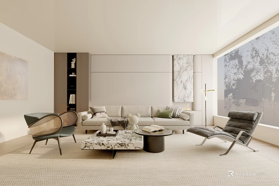 Modern Living Room Interior Design With Beige Sofa Marble Coffee Table And Accent Chairs 3d model 