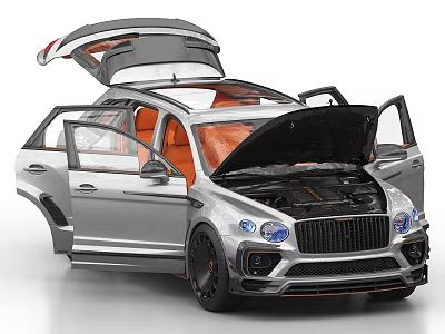 Silver Car With Open Doors Hood And Trunk Orange Interior Seats Detailed Engine Bay 3d model