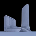 Modern Office Building With Two Tall Curved Structures Glass Curtain Walls And Lighting Effects
