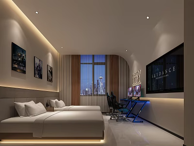 Modern Hotel Guest Room With Twin Beds City View Wall Art And Work Desk 3d model