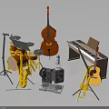 Musical Instruments and Equipment Including Drum Set Double Bass Piano Guitar Saxophone and Microphone