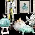 Elegant Decorative Ornament Set with Starfish Octopus Coral Framed Art and Seashell Coral Decor Pieces