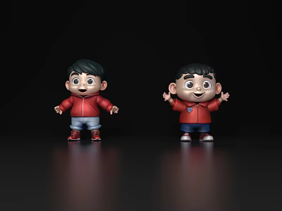 Two Cartoon Boys In Red Jackets Standing On Black Background With Open Arms 3d model
