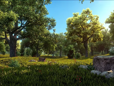 Lush Green Forest Landscape With Tall Trees Sunlit Grass Tree Stumps Rocks And Blue Sky 3d model