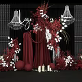 Elegant Wedding Decor With Red Drapery White Red Flowers Chandeliers Black Backdrop And Candles