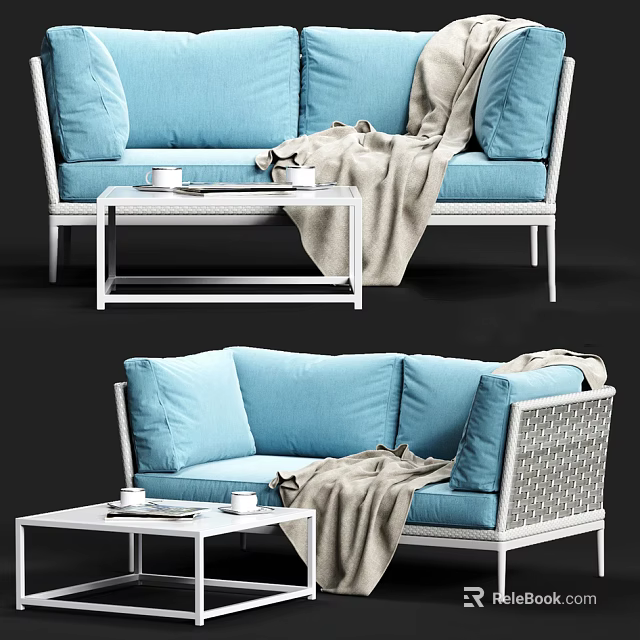 Blue Two Seater Sofa with White Frame Woven Design Side Table Cups and Blanket 3d model 