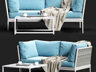 Blue Two Seater Sofa with White Frame Woven Design Side Table Cups and Blanket 3d model