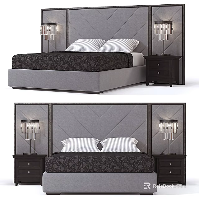 Modern Upholstered Double Bed Interior With Tufted Headboard Nightstand And Crystal Lamps 3d model 