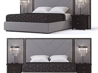 Modern Upholstered Double Bed Interior With Tufted Headboard Nightstand And Crystal Lamps 3d model
