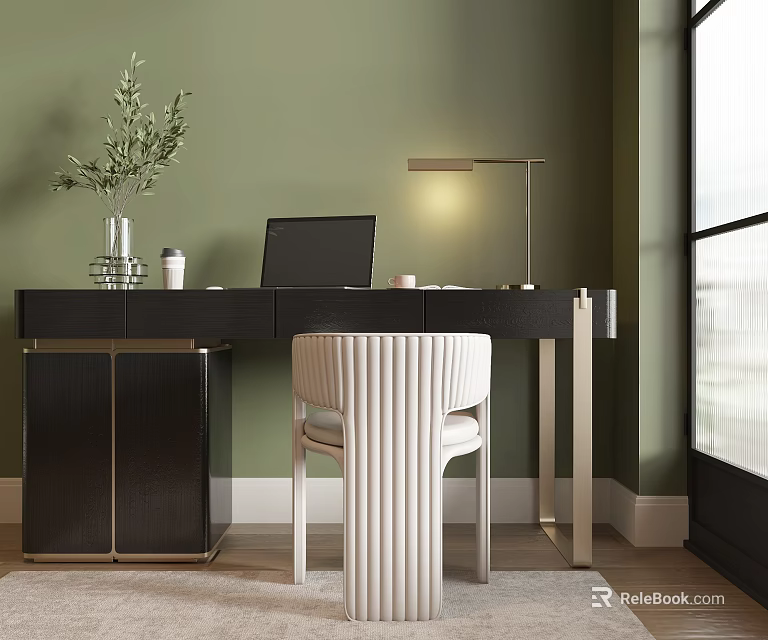Stylish Black Desk And White Chair Set With Laptop Lamp Vase On Green Wall Background 3d model 