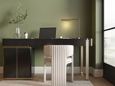 Stylish Black Desk And White Chair Set With Laptop Lamp Vase On Green Wall Background 3d model