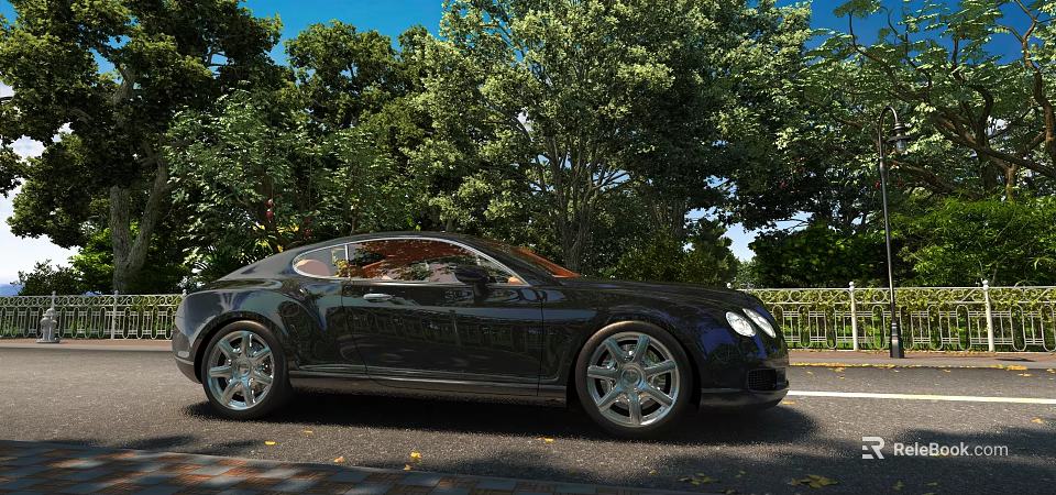 Black Luxury Sedan Parked On Roadside With Green Trees And Metal Fence 3d model 