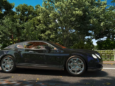 Black Luxury Sedan Parked On Roadside With Green Trees And Metal Fence 3d model