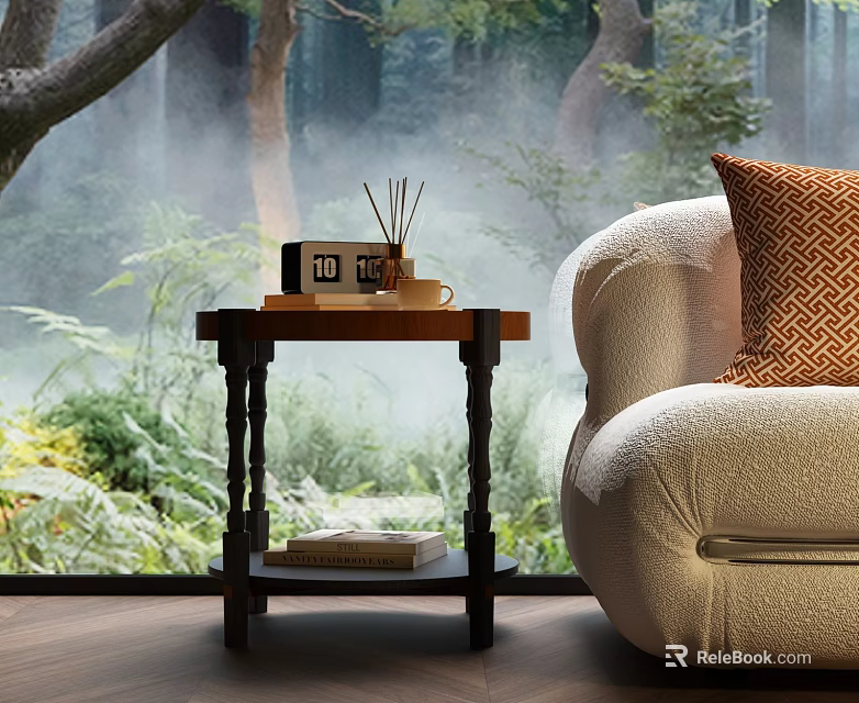 Corner Table With Aromatherapy Sticks Book And Cup By Sofa Near Forest View 3d model 