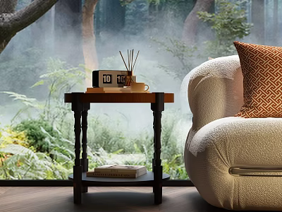 Corner Table With Aromatherapy Sticks Book And Cup By Sofa Near Forest View 3d model